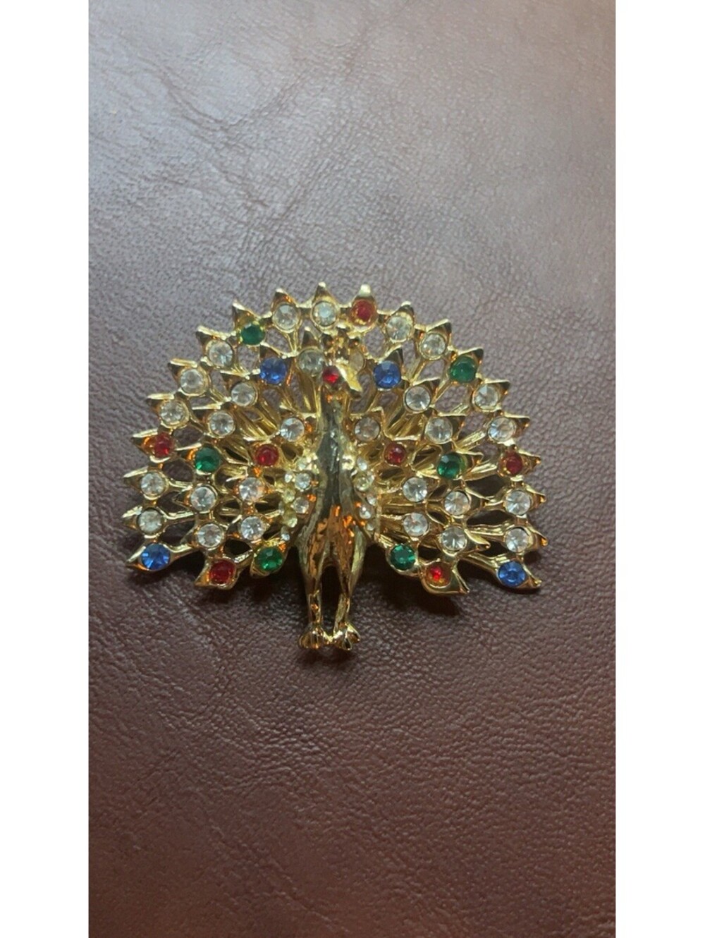 Peacock Brooch Pin Gold Tone Multicolor Rhinestone Fanned Out Feathers Pose